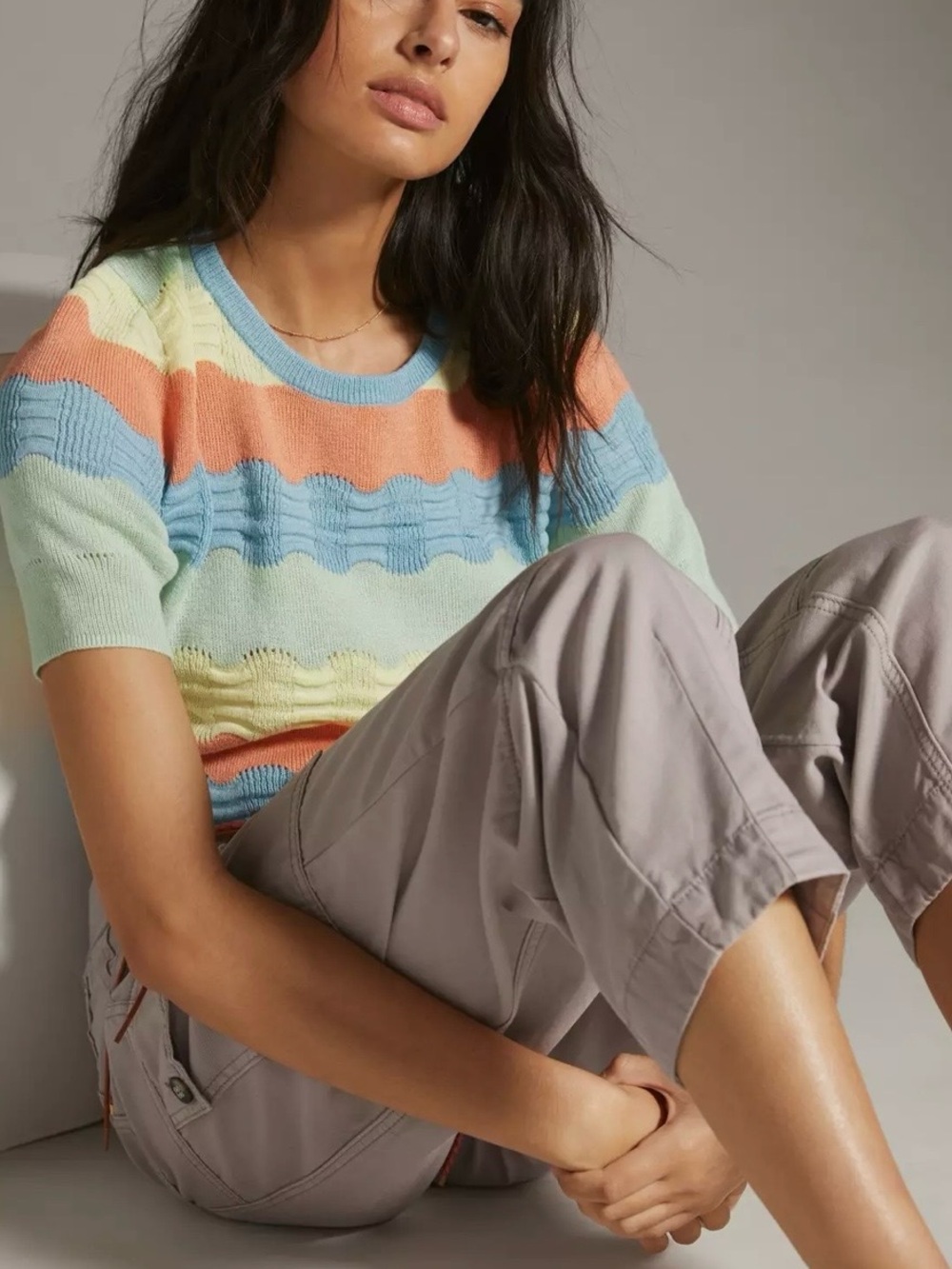 Anthropologie Colorblocked Novelty-Stitch Scalloped Striped Wave Tee Womens M - Picture 6 of 16
